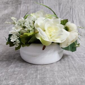 New Silk Ivory Rose and Hydrangeas Arrangement in Ivory Round Vase